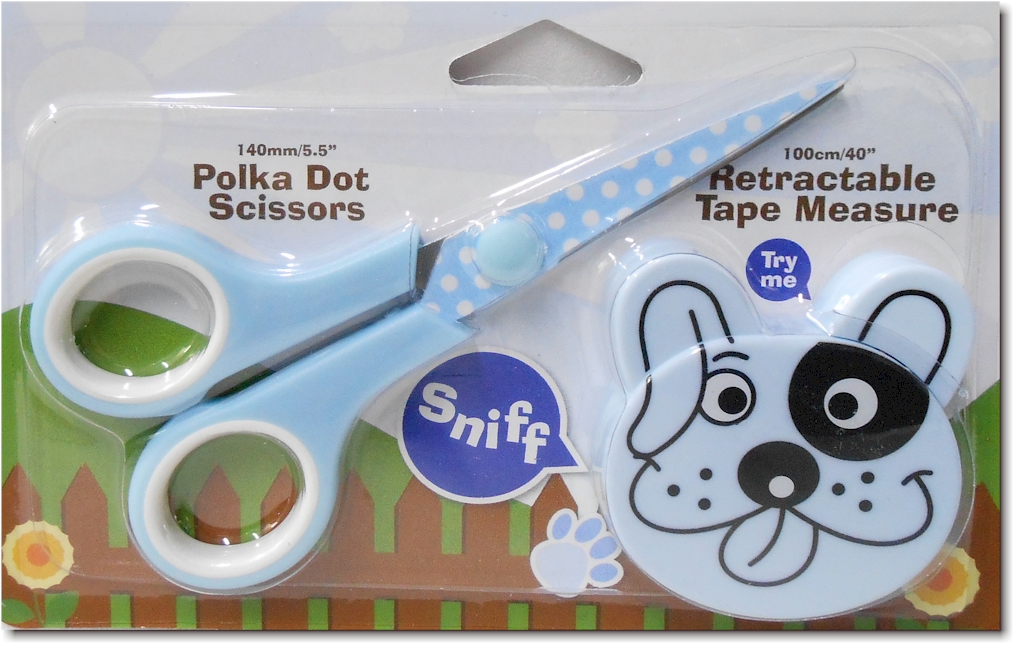 Cute Dog Retractable Tape Measure + Polka Dot Scissor Set - Blue OVERSTOCK