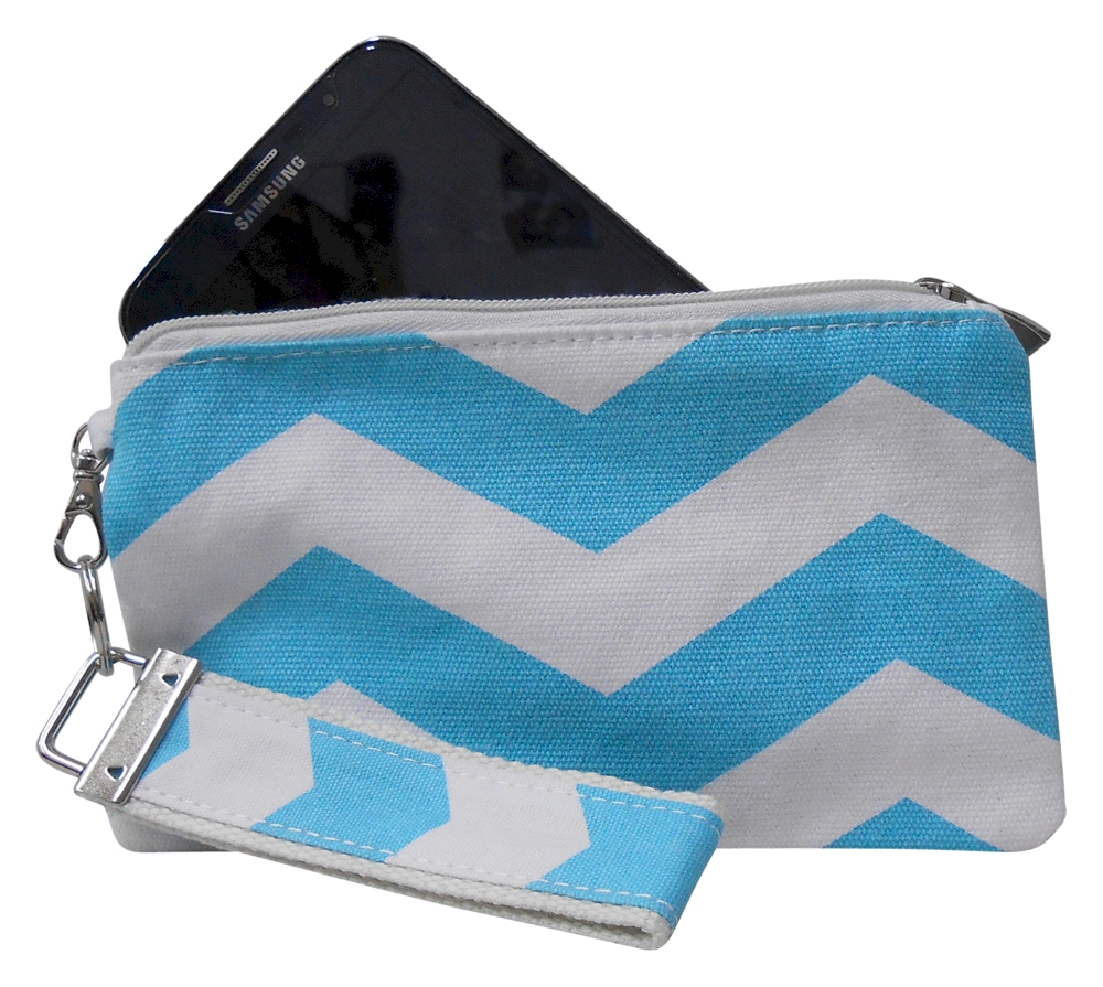 Cell Phone Wristlet with Detachable Matching Lanyard Keychain in Chevron Print  - AQUA