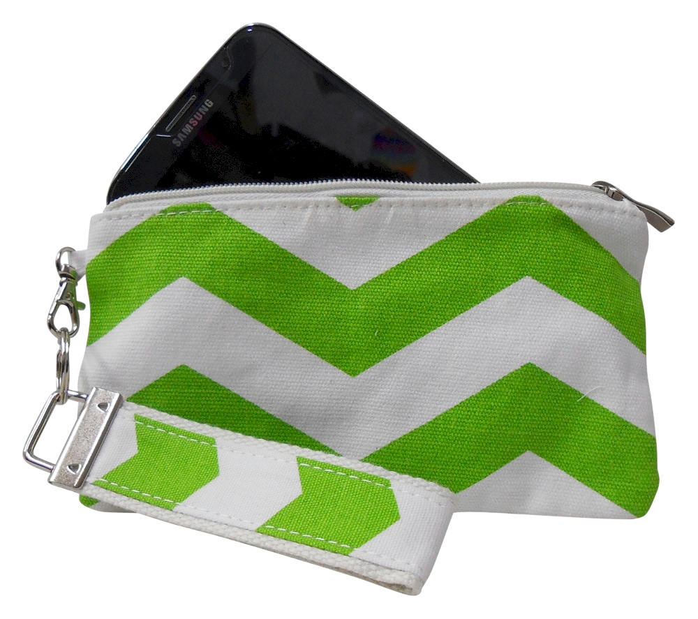 Cell Phone Wristlet with Detachable Matching Lanyard Keychain in Chevron Print  - LIME