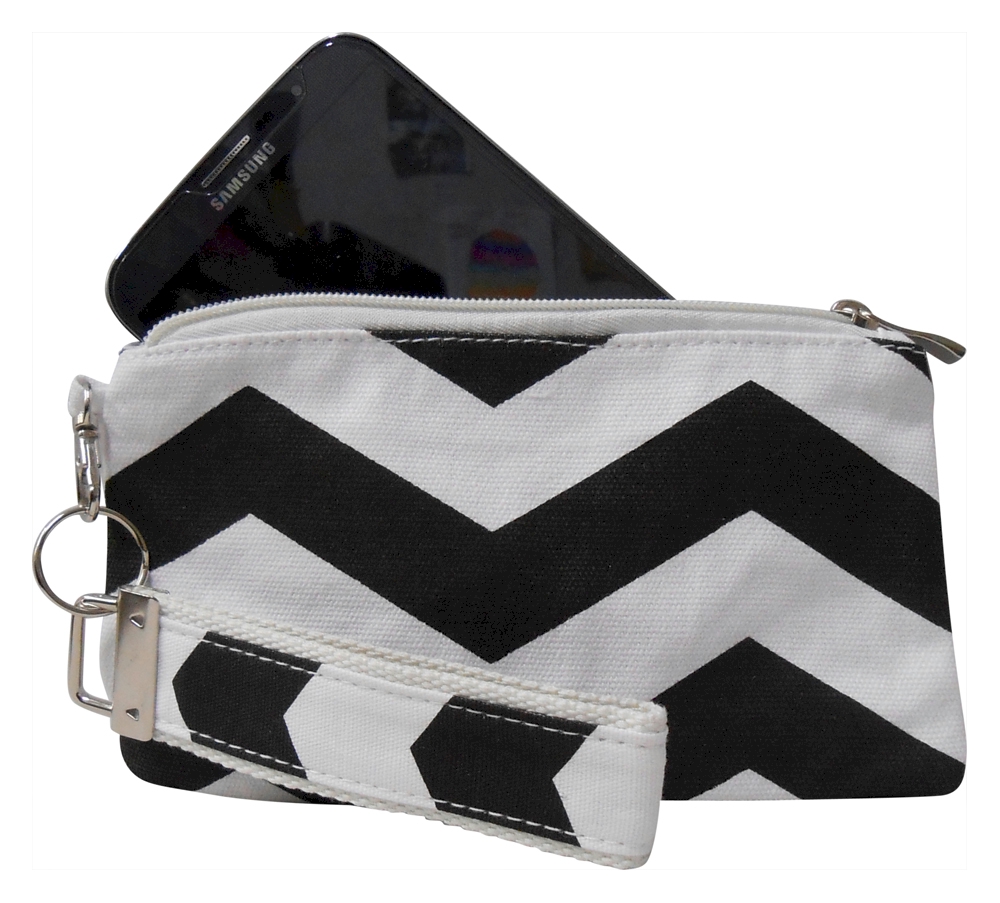 Cell Phone Wristlet with Detachable Matching Lanyard Keychain in Chevron Print  - BLACK