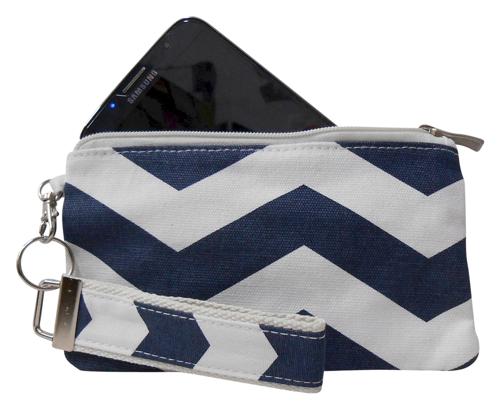 Cell Phone Wristlet with Detachable Matching Lanyard Keychain in Chevron Print  - NAVY