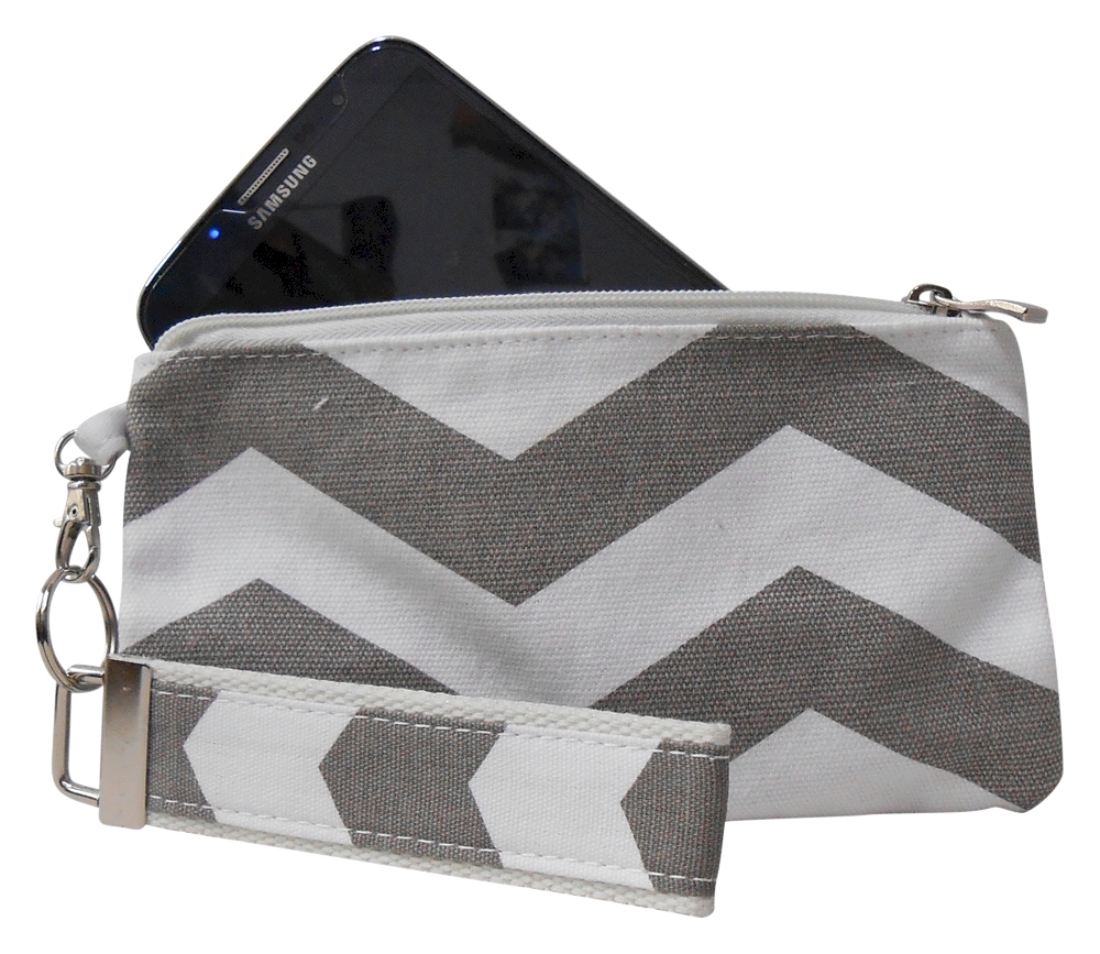 Cell Phone Wristlet with Detachable Matching Lanyard Keychain in Chevron Print  - GRAY