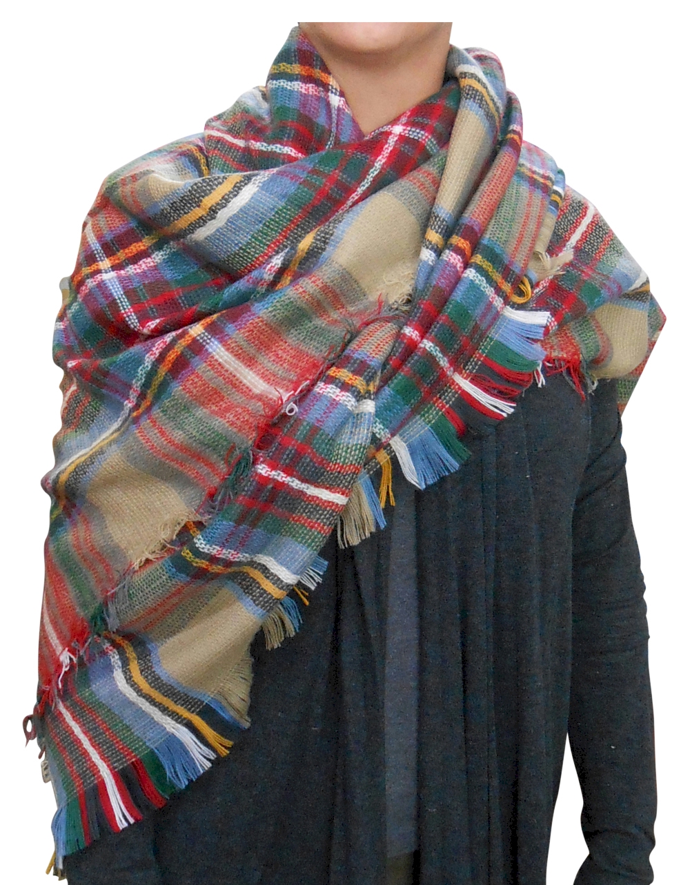 Designer-Style Tartan Checked Plaid Blanket Scarf - CAMEL - CLOSEOUT