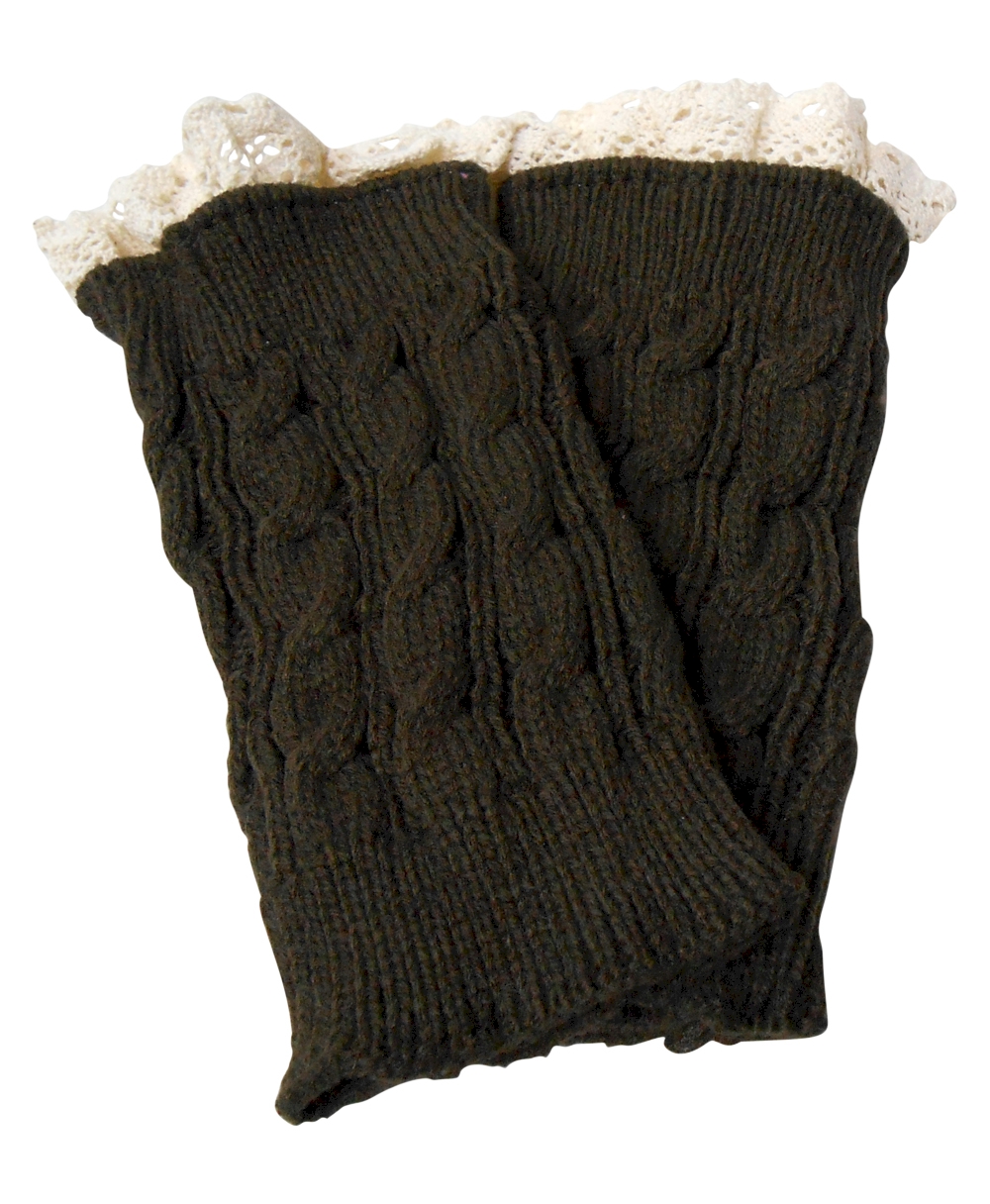 Cable Knit Boot Cuff with Lace Top - DARK BROWN - CLOSEOUT