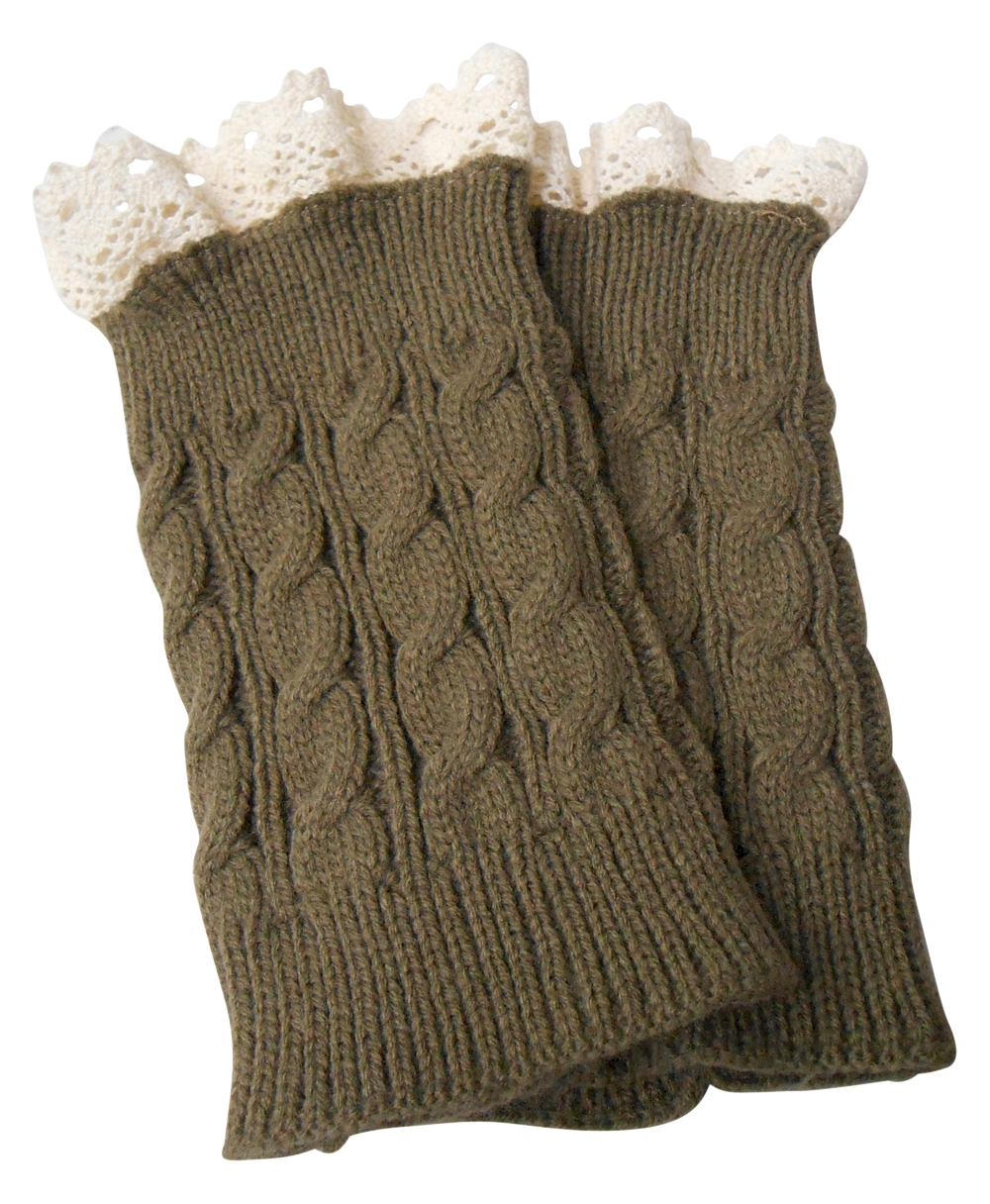 Cable Knit Boot Cuff with Lace Top - BROWN - CLOSEOUT