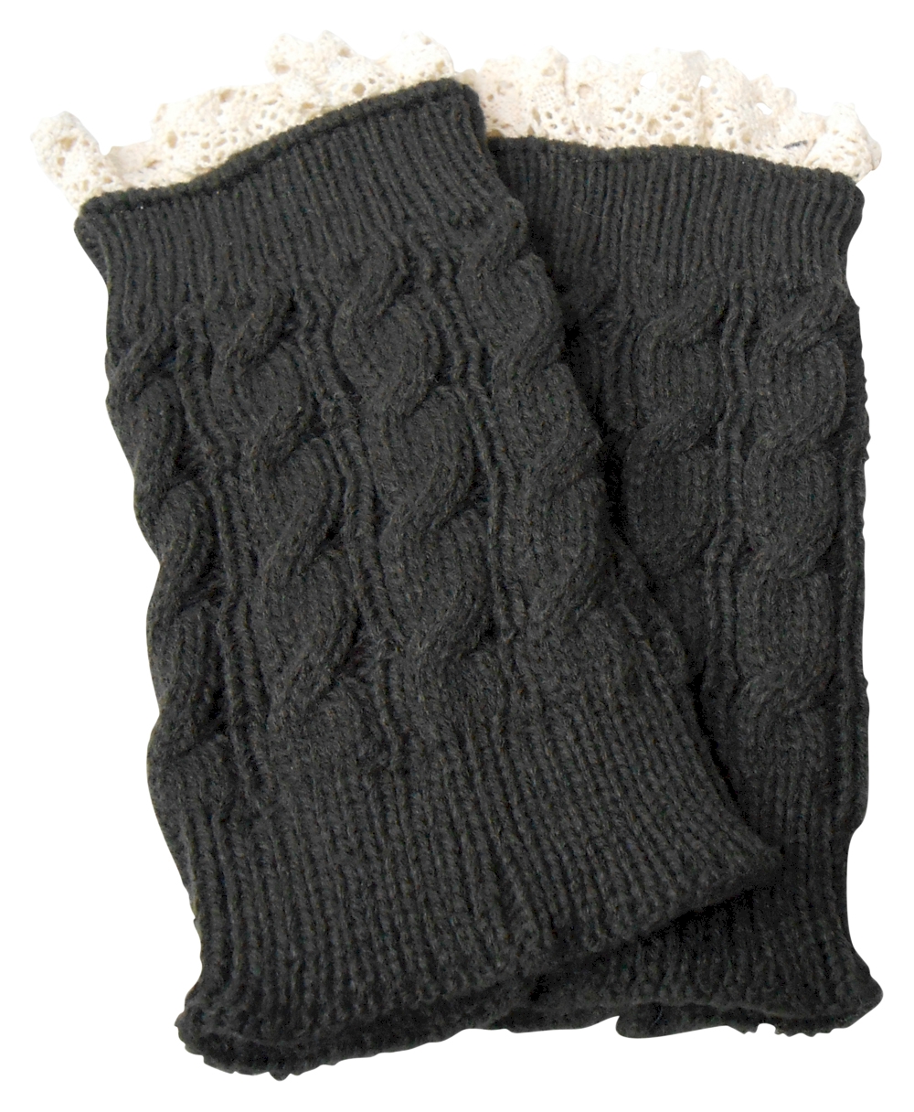 Cable Knit Boot Cuff with Lace Top - DARK GRAY - CLOSEOUT