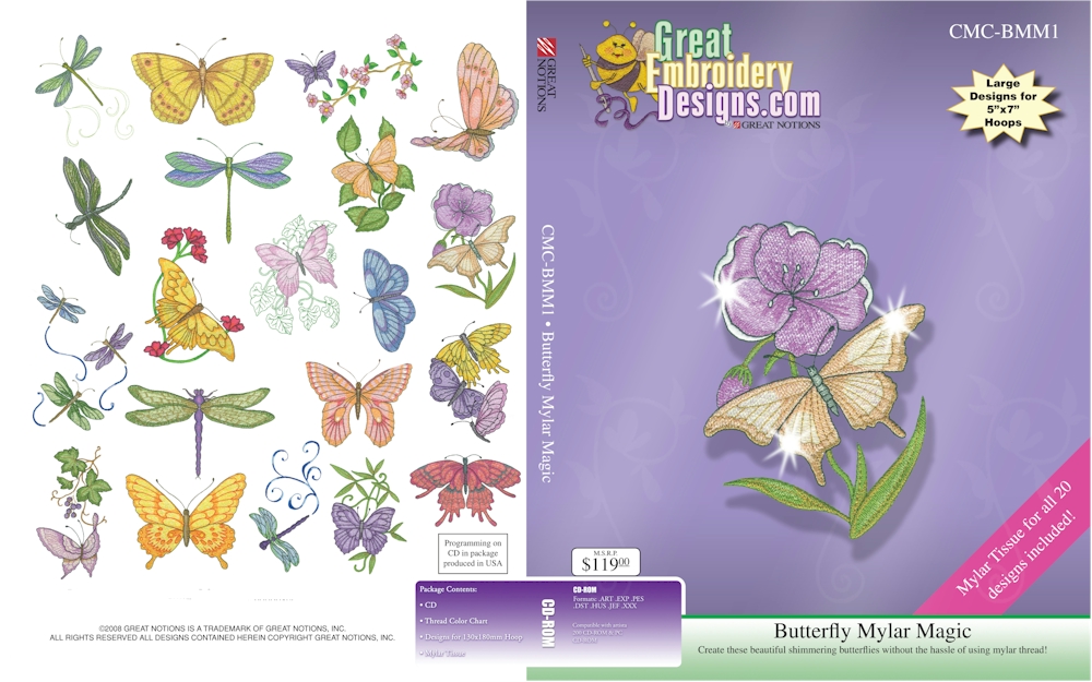 Butterfly Mylar Magic Collection Embroidery Designs by Great Notions on a CD-ROM BMM1