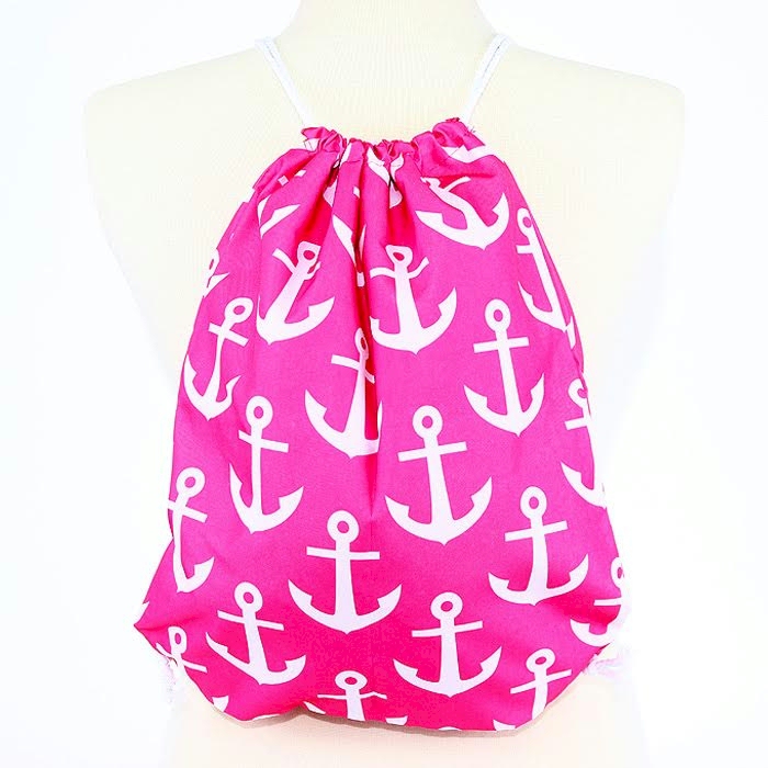 Anchor Print Gym Bag Drawstring Pack Embroidery Blanks - HOT PINK