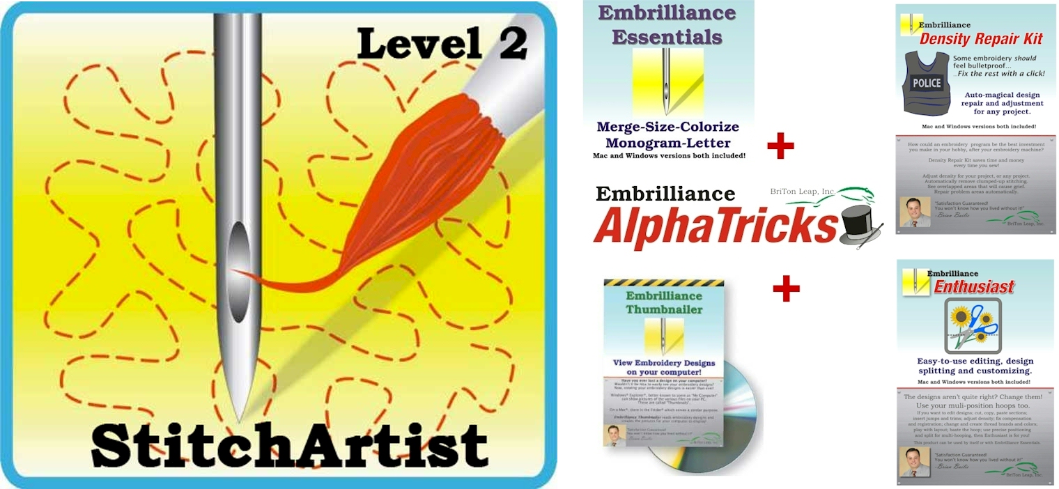 Embrilliance Essentials + AlphaTricks + Thumbnailer + Density Repair Kit + Enthusiast + Stitch Artist Level 2 Combo Embroidery Software DOWNLOADABLE
