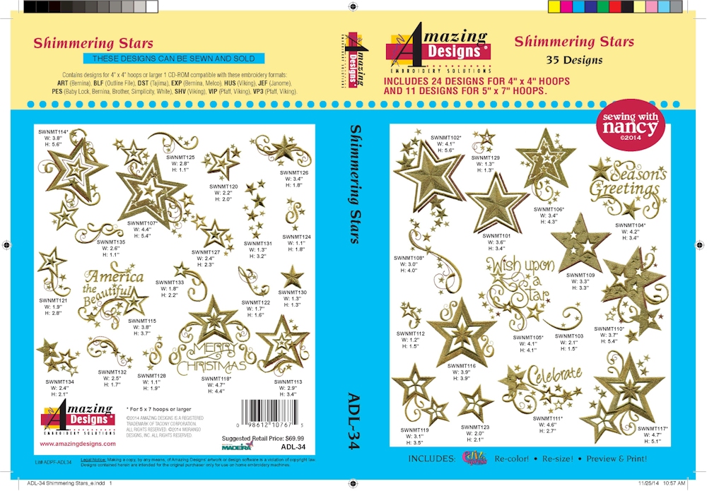 Shimmering Stars Embroidery Designs by Amazing Designs on a Multi-Format CD-ROM ADL-34