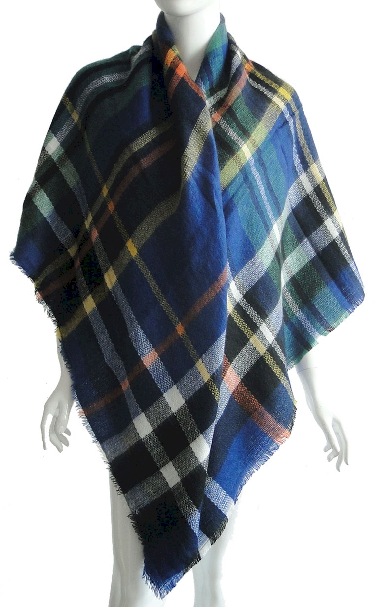 Designer-Style Plaid Blanket Scarf - BLUE/ORANGE - CLOSEOUT