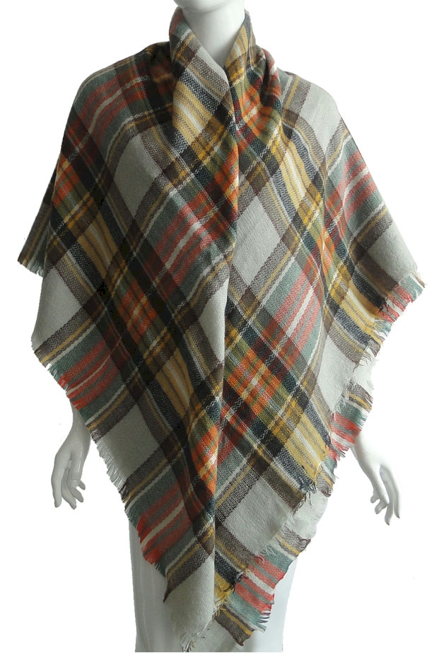 Designer-Style Plaid Blanket Scarf - TAN/ORANGE/GRAY - CLOSEOUT