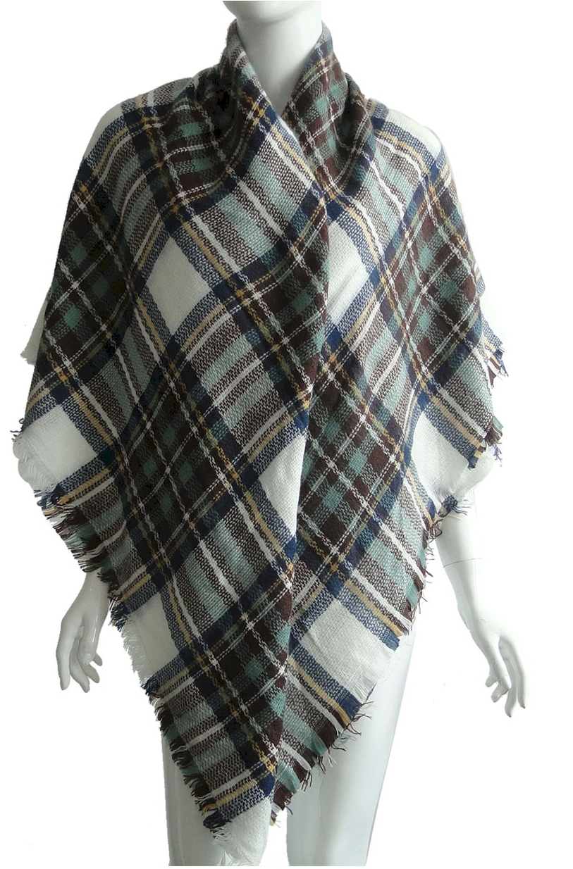 Designer-Style Plaid Blanket Scarf - WHITE/BLUE/YELLOW - CLOSEOUT