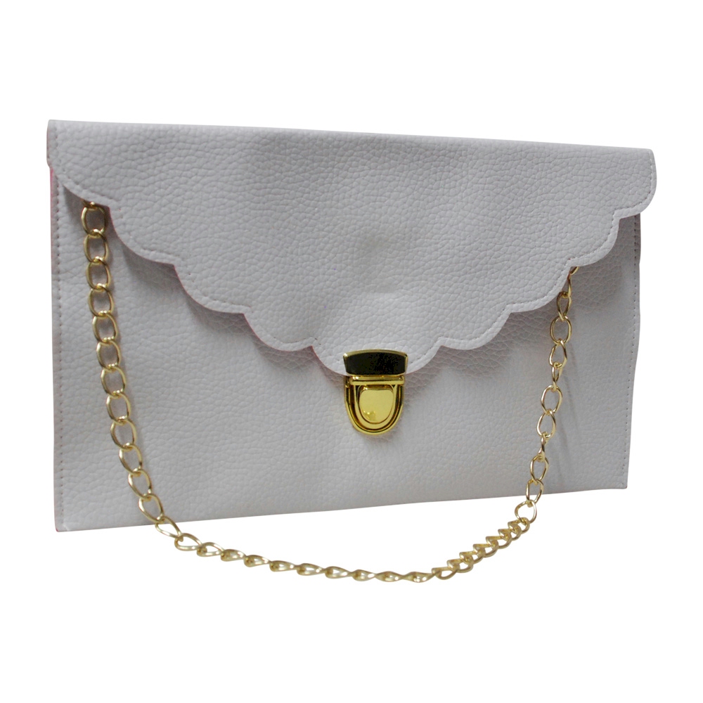 Scalloped Leatherette Envelope Clutch Purse Embroidery Blank With Detachable Gold Shoulder Chain - WHITE