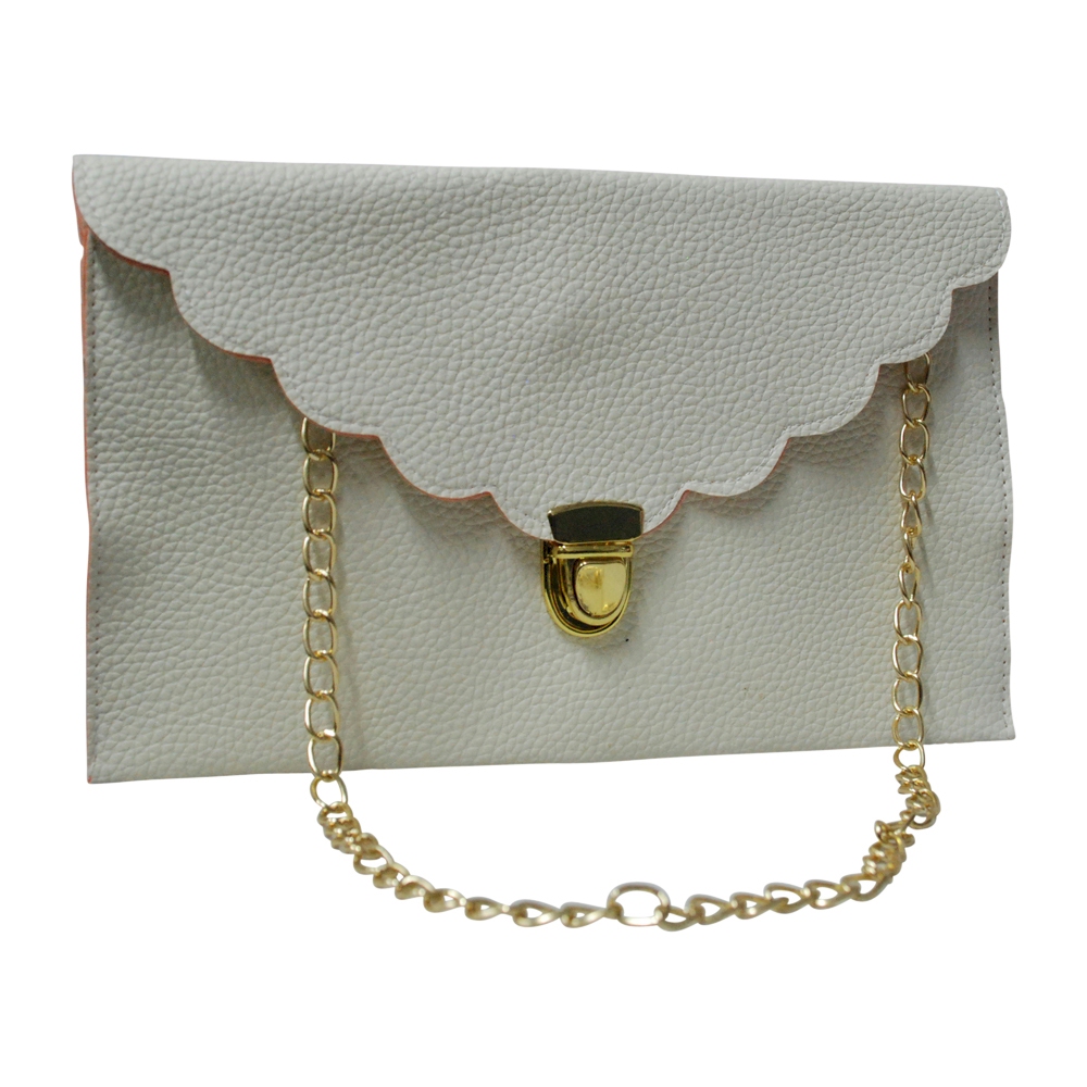 Scalloped Leatherette Envelope Clutch Purse Embroidery Blank With Detachable Gold Shoulder Chain - IVORY