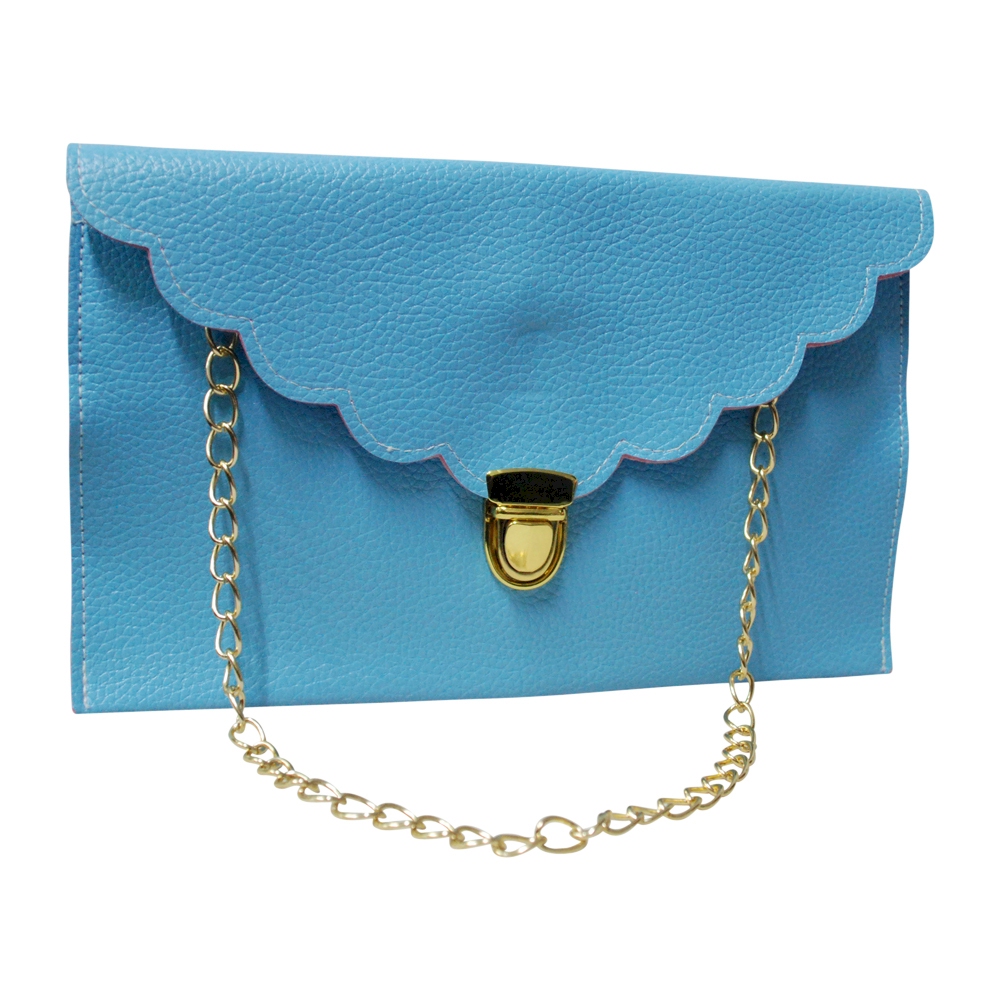 Scalloped Leatherette Envelope Clutch Purse Embroidery Blank With Detachable Gold Shoulder Chain - LIGHT BLUE - CLOSEOUT