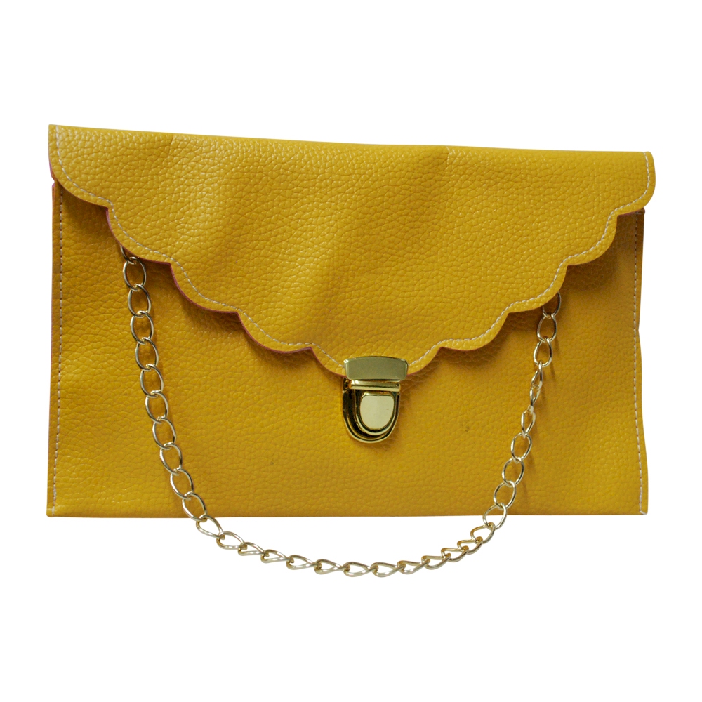 Scalloped Leatherette Envelope Clutch Purse Embroidery Blank With Detachable Gold Shoulder Chain - YELLOW - CLOSEOUT