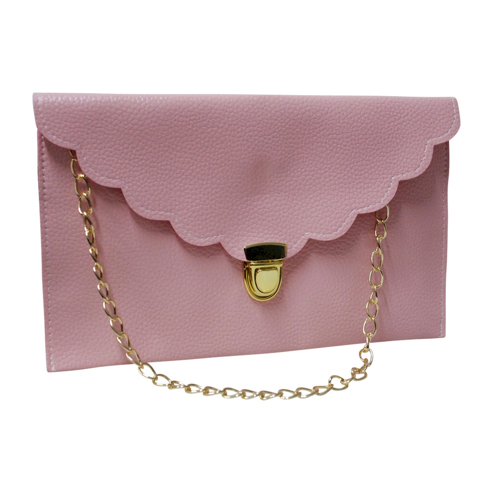 Scalloped Leatherette Envelope Clutch Purse Embroidery Blank With Detachable Gold Shoulder Chain - LIGHT PINK