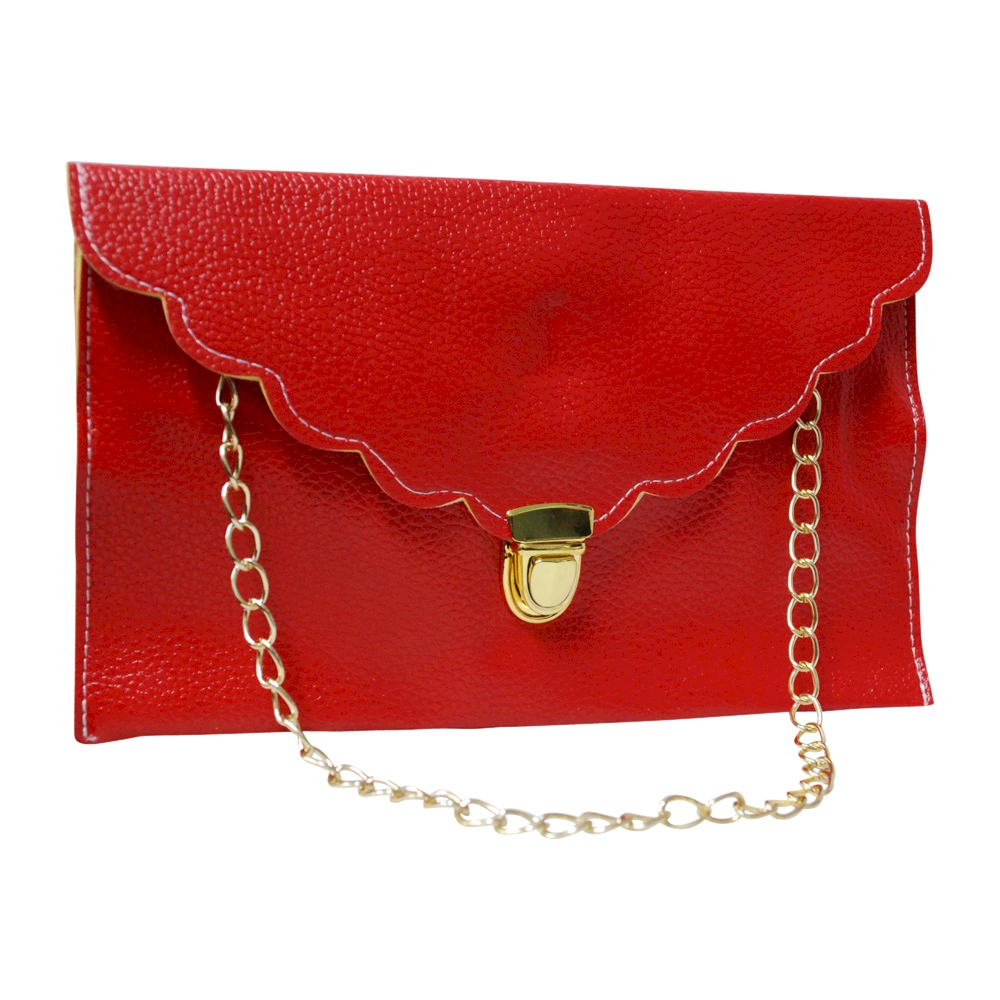 Scalloped Leatherette Envelope Clutch Purse Embroidery Blank With Detachable Gold Shoulder Chain - RED - CLOSEOUT