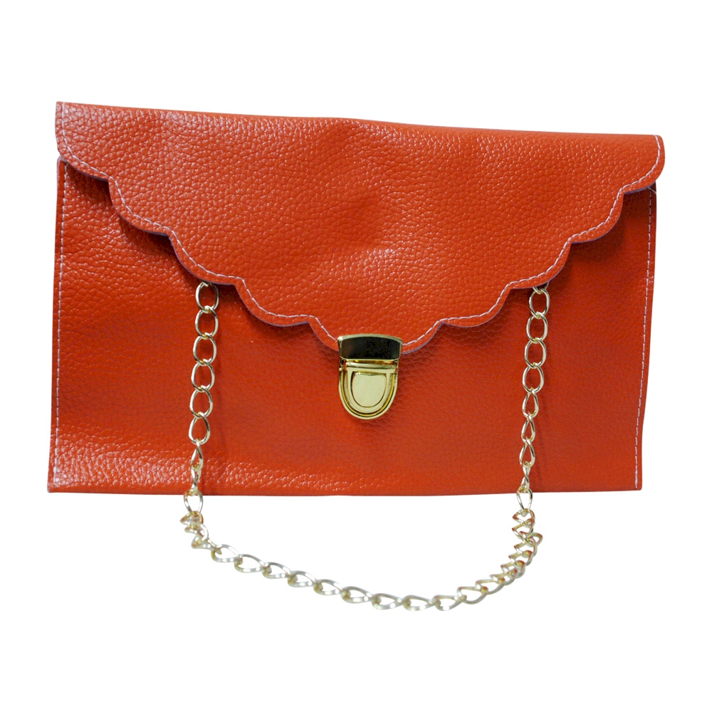 Scalloped Leatherette Envelope Clutch Purse Embroidery Blank With Detachable Gold Shoulder Chain - ORANGE - CLOSEOUT