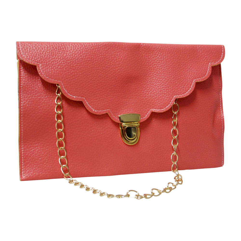 Scalloped Leatherette Envelope Clutch Purse Embroidery Blank With Detachable Gold Shoulder Chain - SALMON - CLOSEOUT