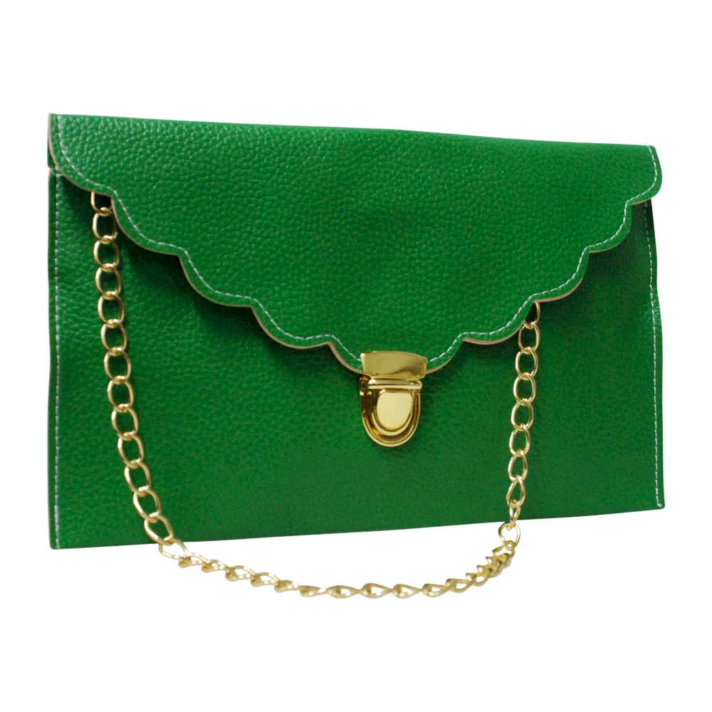 Scalloped Leatherette Envelope Clutch Purse Embroidery Blank With Detachable Gold Shoulder Chain - KELLY GREEN