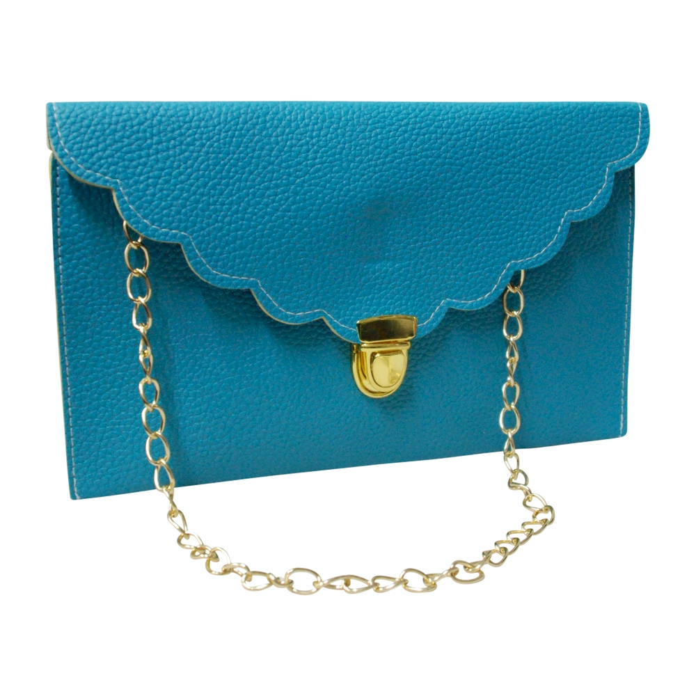 Scalloped Leatherette Envelope Clutch Purse Embroidery Blank With Detachable Gold Shoulder Chain - TROPICAL BLUE - CLOSEOUT