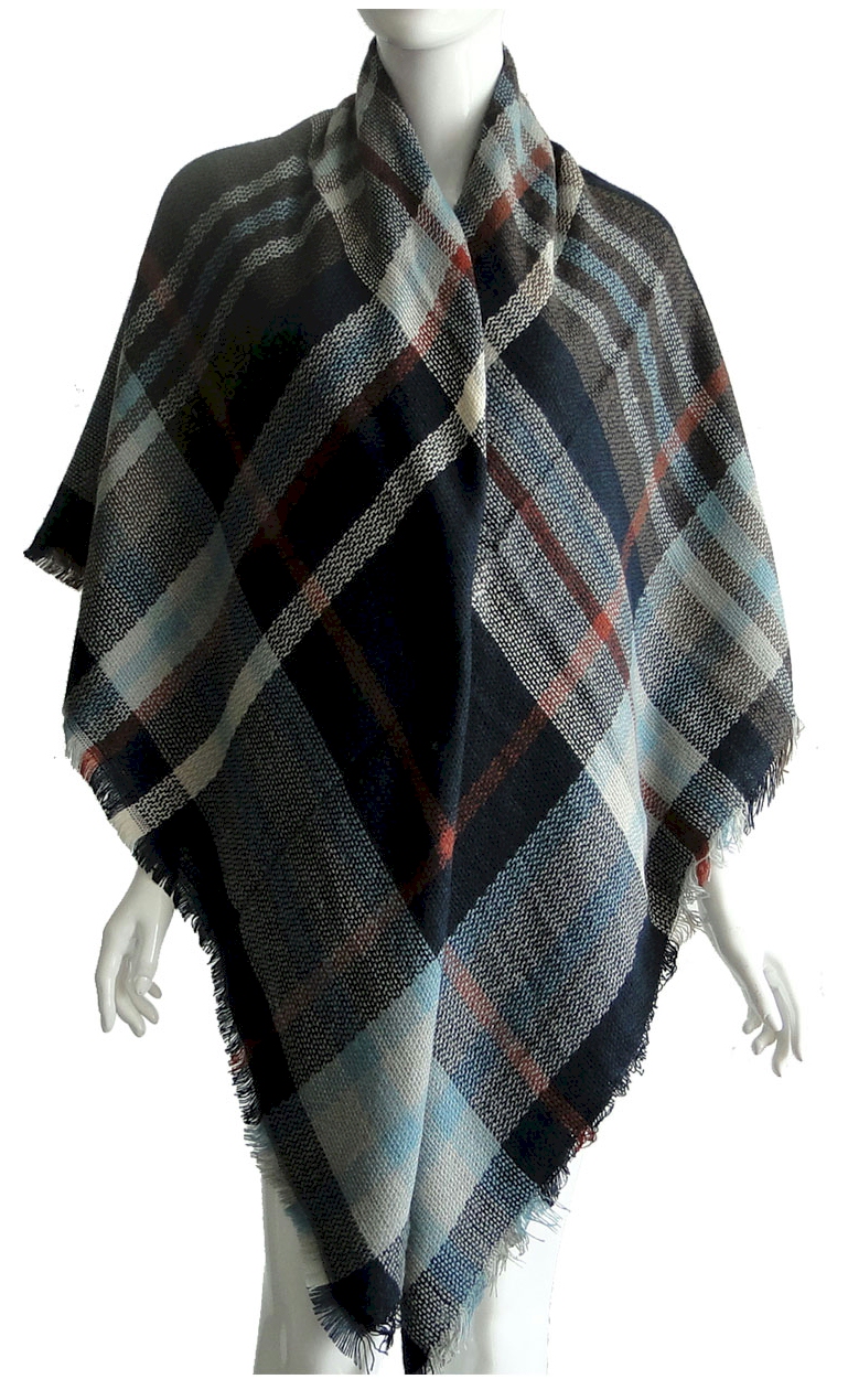 Designer-Style Plaid Blanket Scarf - NAVY/GRAY - CLOSEOUT