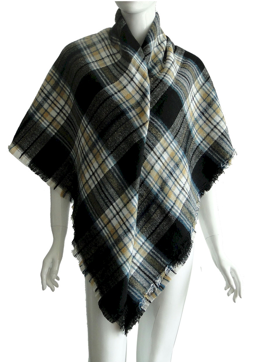 Designer-Style Plaid Blanket Scarf - BLACK/TAN - CLOSEOUT