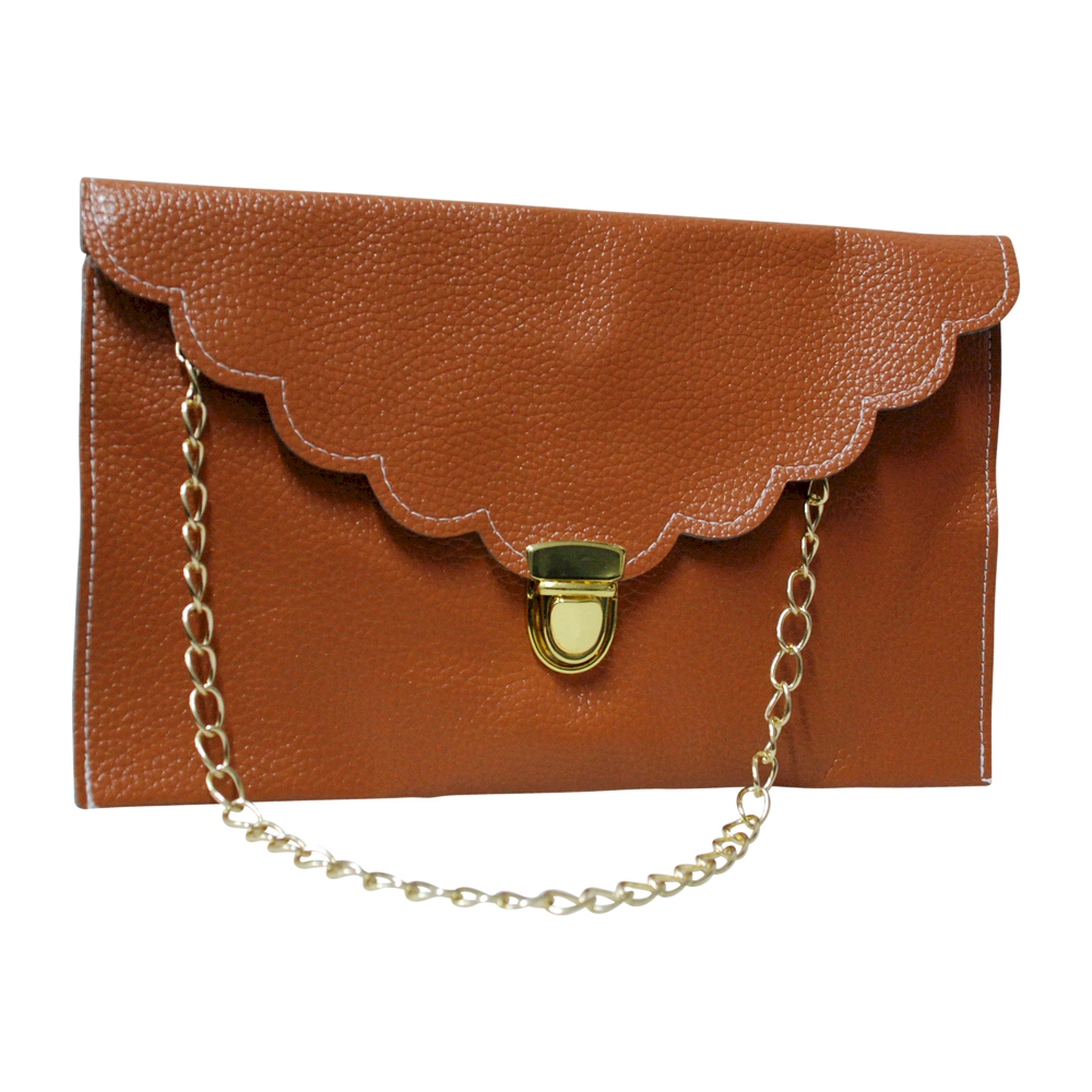 Scalloped Leatherette Envelope Clutch Purse Embroidery Blank With Detachable Gold Shoulder Chain - LIGHT BROWN