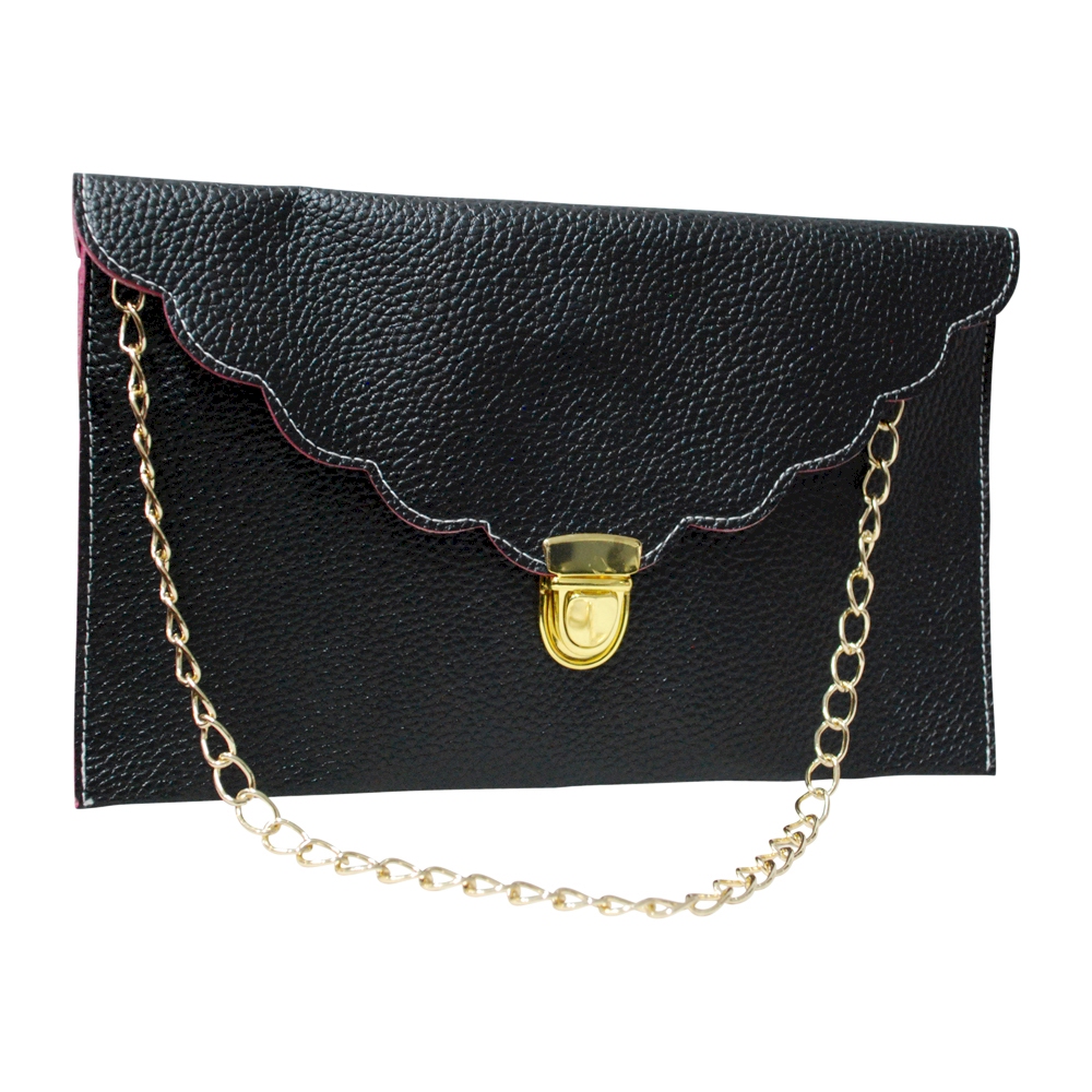 Scalloped Leatherette Envelope Clutch Purse Embroidery Blank With Detachable Gold Shoulder Chain - BLACK