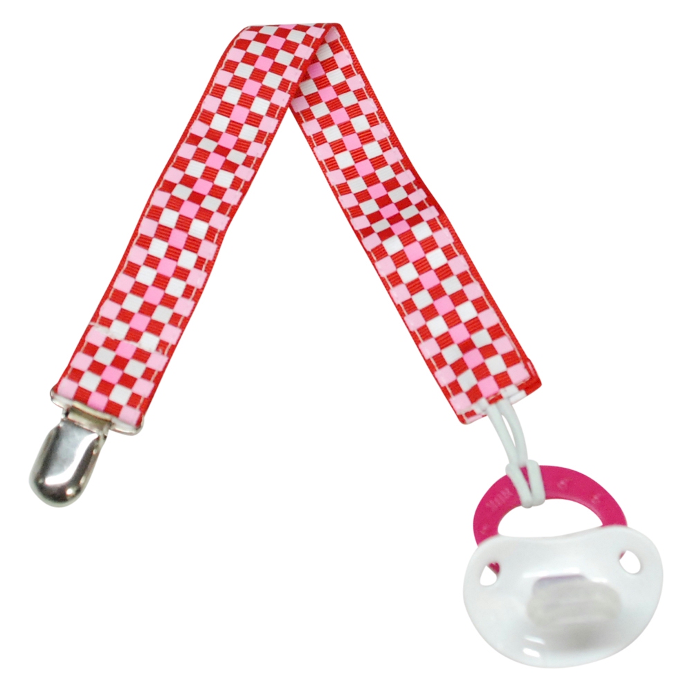 Checkered Print Pacifier Holder Clip - RED & PINK - CLOSEOUT