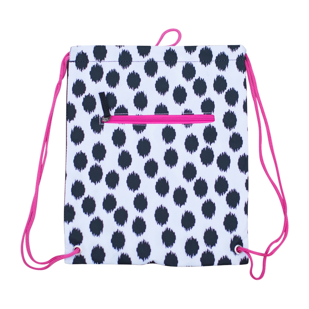 Polka Dot Ikat Print Gym Bag Drawstring Pack Embroidery Blanks - BLACK/HOT PINK TRIM - CLOSEOUT