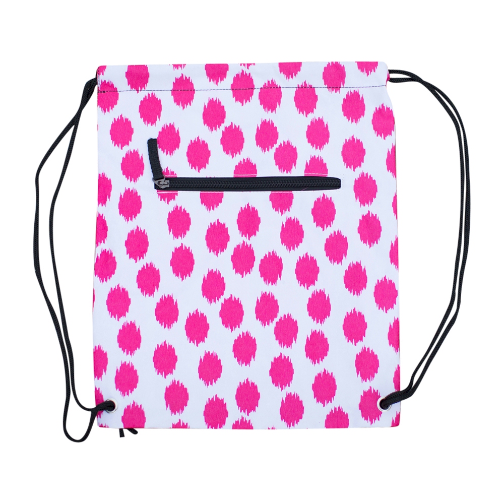 Polka Dot Ikat Print Gym Bag Drawstring Pack Embroidery Blanks - HOT PINK/BLACK TRIM - CLOSEOUT