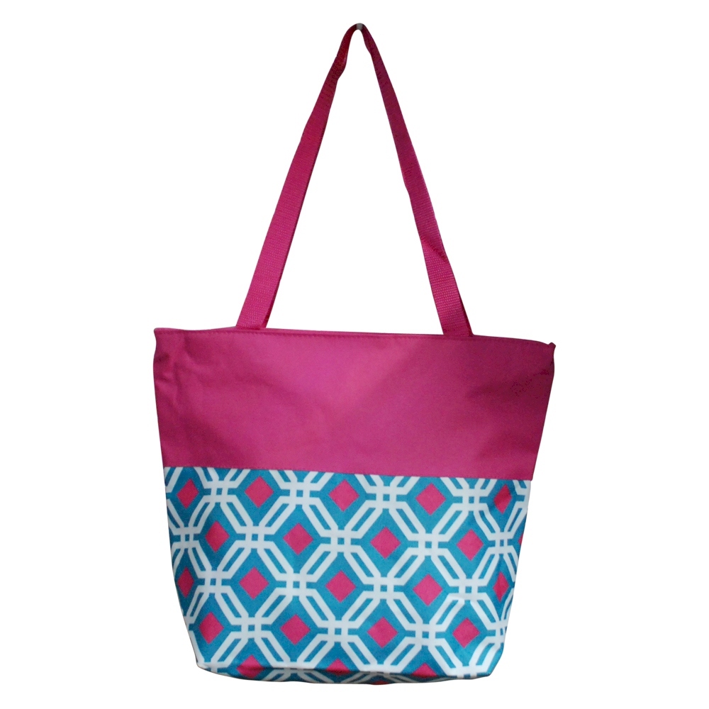 Graphic Print Tote Bag Embroidery Blanks - TURQUIOISE/HOT PINK TRIM