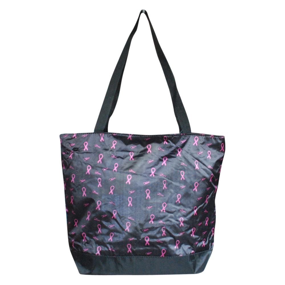 Pink Ribbon Print Tote Bag Embroidery Blanks - BLACK TRIM - CLOSEOUT