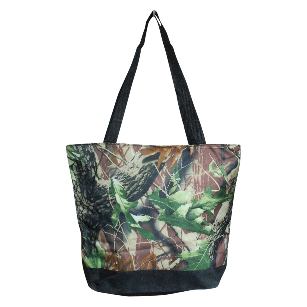 Natural Camo Print Tote Bag Embroidery Blanks - BLACK TRIM - CLOSEOUT