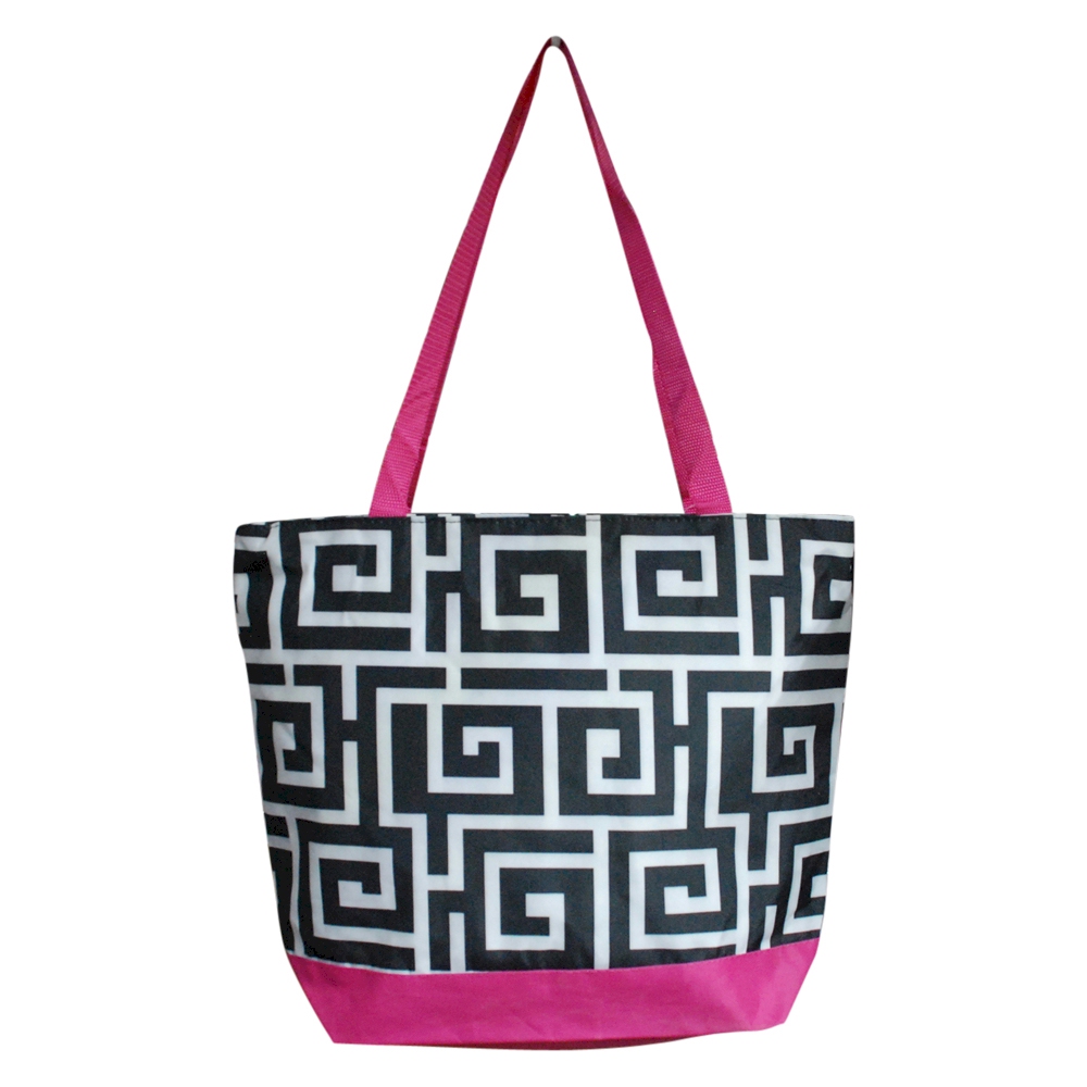 Greek Key Print Tote Bag Embroidery Blanks - BLACK/HOT PINK TRIM - CLOSEOUT