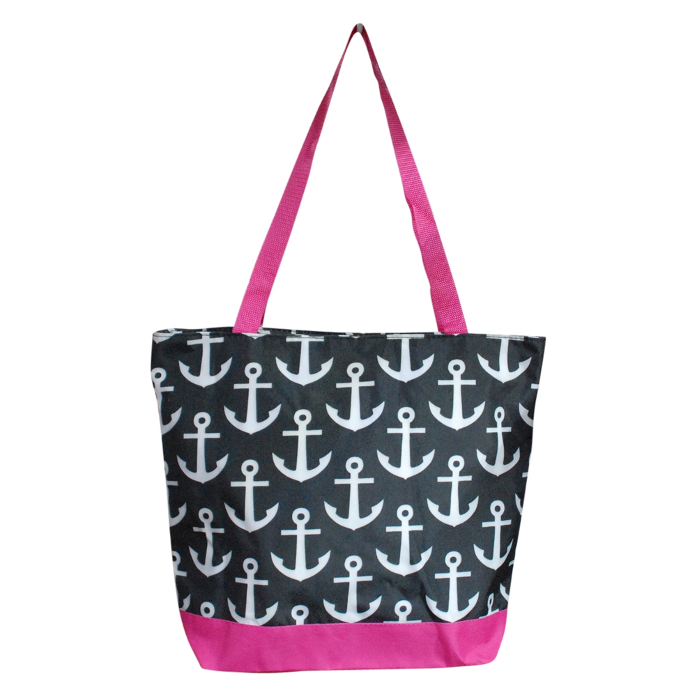 Anchor Print Tote Bag Embroidery Blanks - BLACK/HOT PINK TRIM