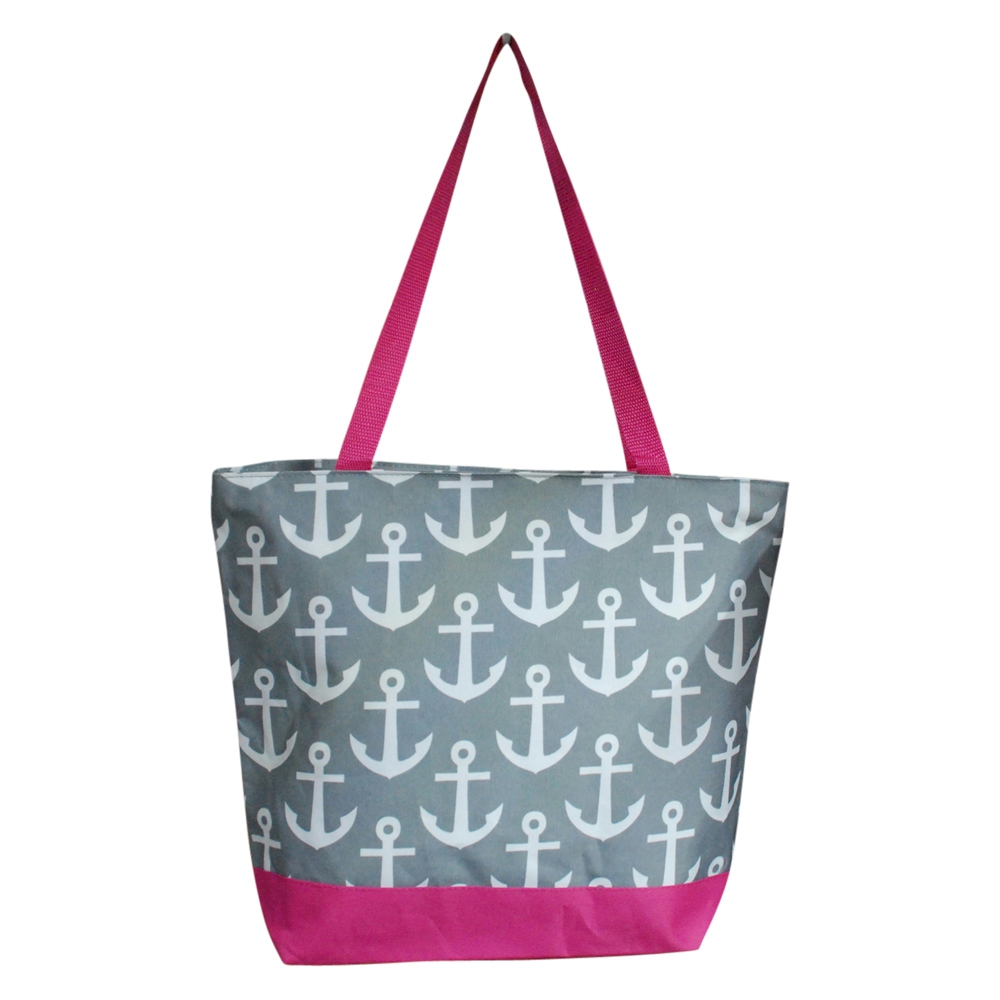 Anchor Print Tote Bag Embroidery Blanks - GRAY/HOT PINK TRIM