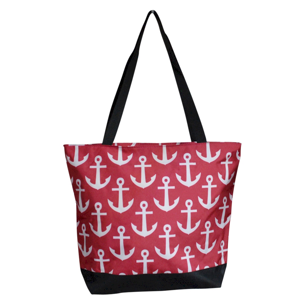 Anchor Print Tote Bag Embroidery Blanks - HOT PINK/BLACK TRIM - CLOSEOUT