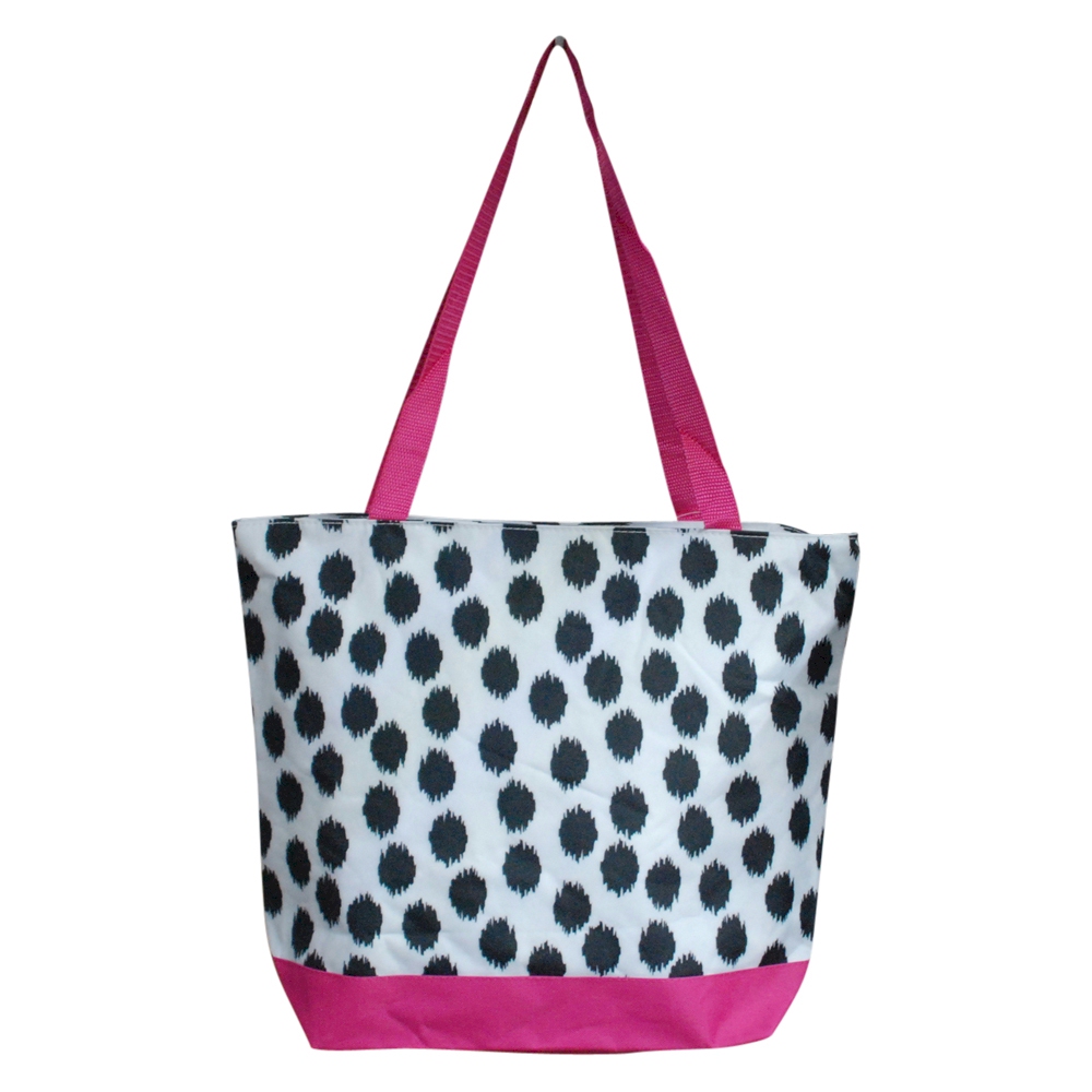 Polka Dot Ikat Print Tote Bag Embroidery Blanks - BLACK/HOT PINK TRIM - CLOSEOUT