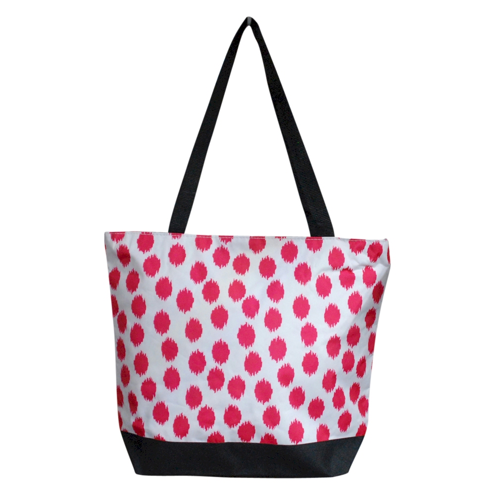 Polka Dot Ikat Print Tote Bag Embroidery Blanks - HOT PINK/BLACK TRIM - CLOSEOUT
