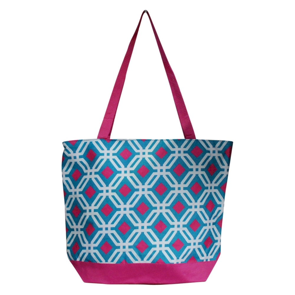 Graphic Print Tote Bag Embroidery Blanks - TURQUIOISE/HOT PINK TRIM - CLOSEOUT