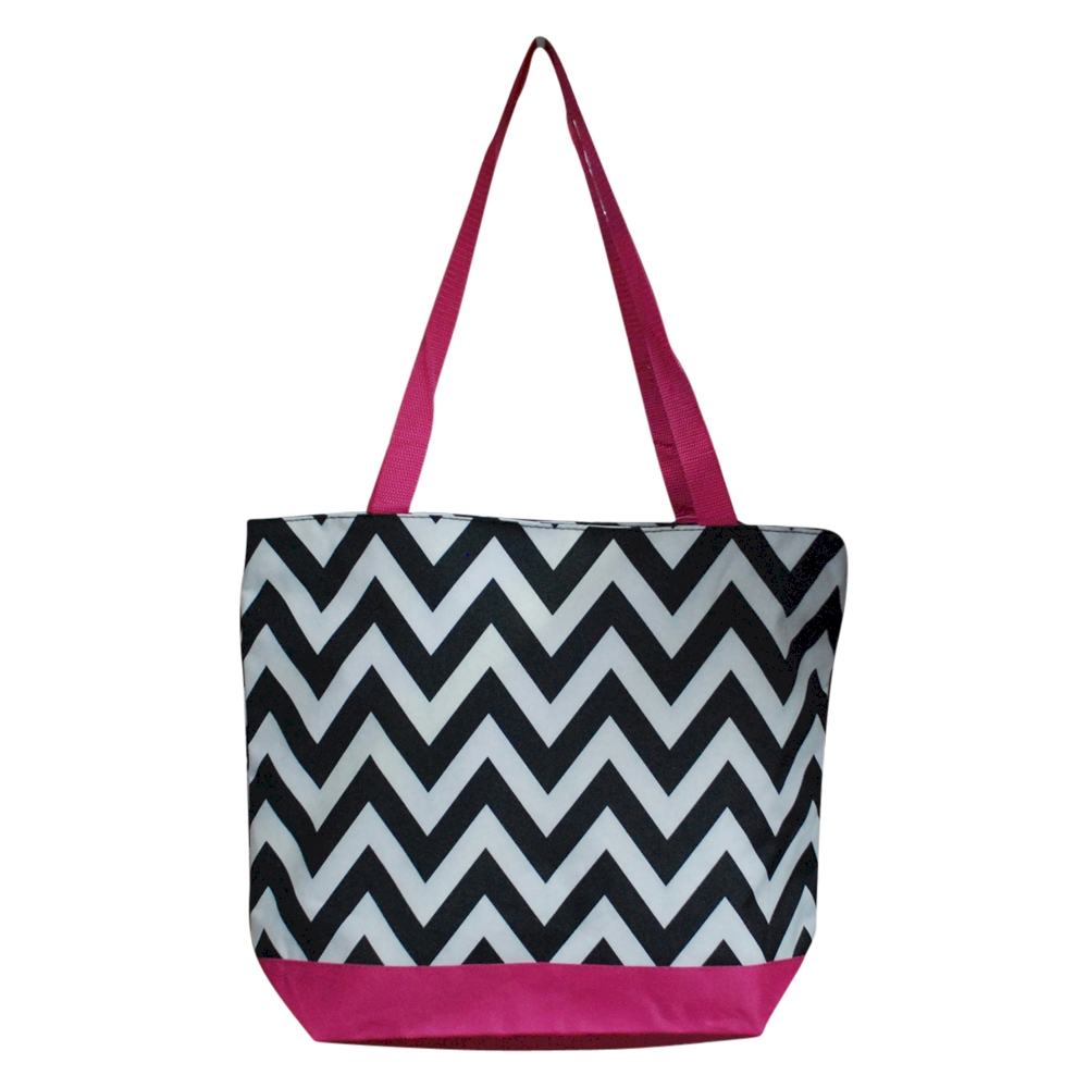 Chevron Print Tote Bag Embroidery Blanks - HOT PINK TRIM - CLOSEOUT