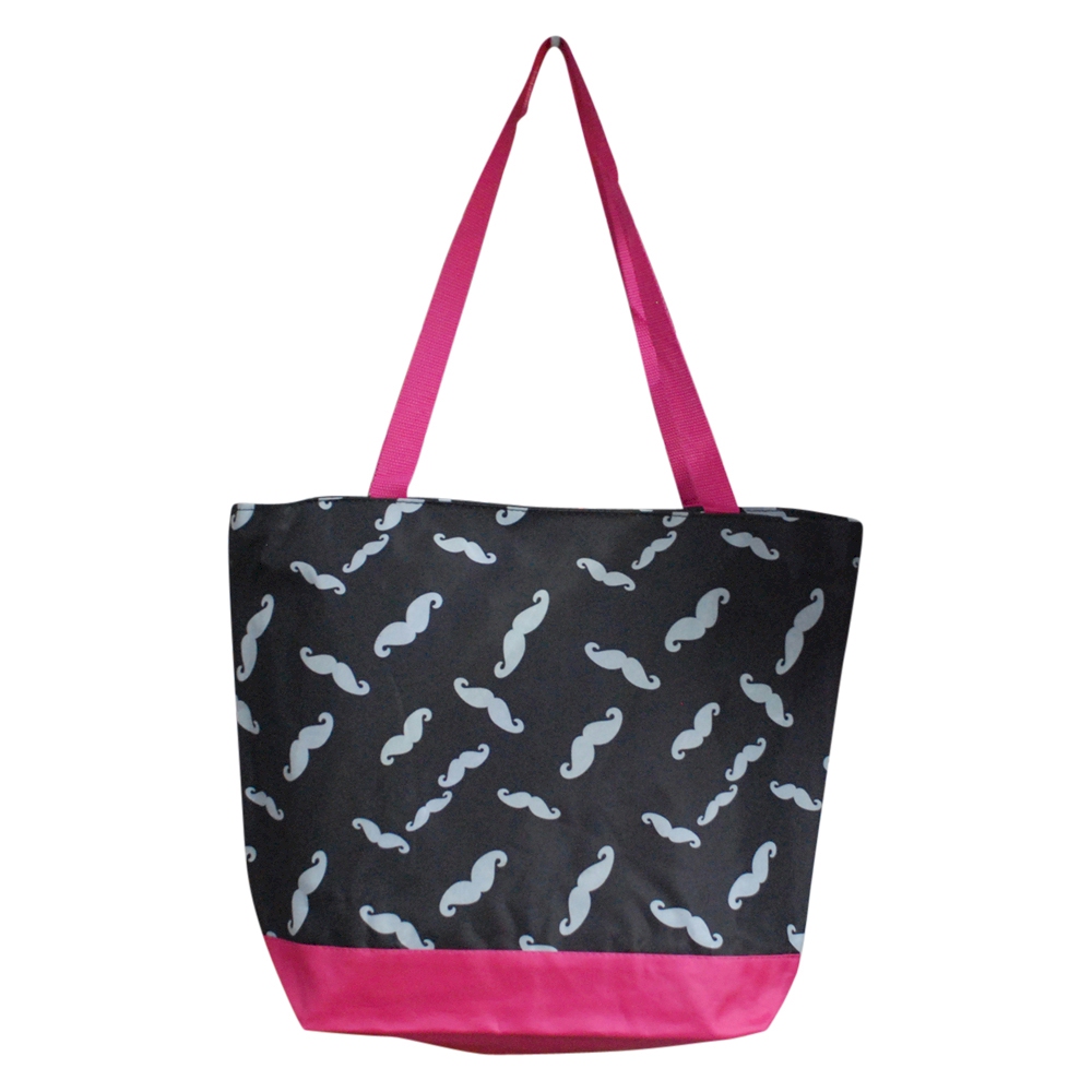 Moustache Print Tote Bag Embroidery Blanks - HOT PINK TRIM - CLOSEOUT