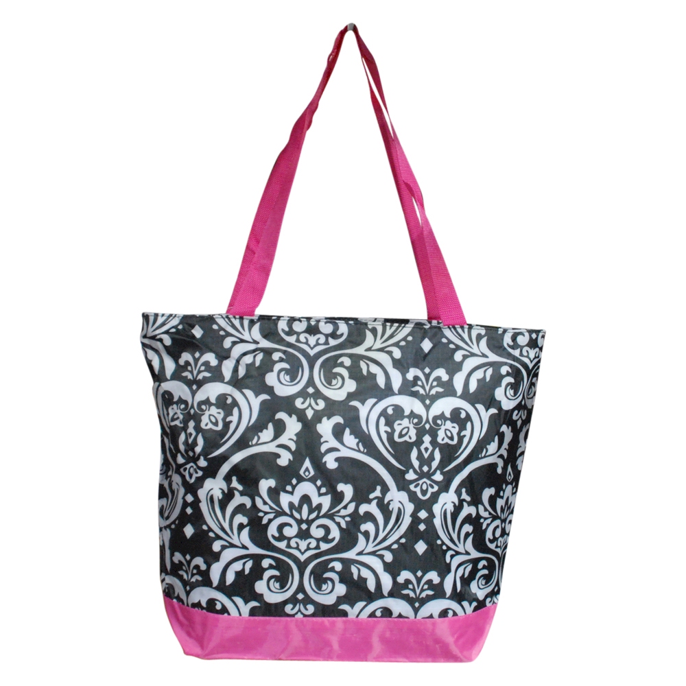 Damask Print Tote Bag Embroidery Blanks - HOT PINK TRIM