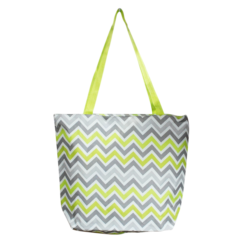 Chevron Print Tote Bag Embroidery Blanks - GRAY/LIME TRIM - CLOSEOUT