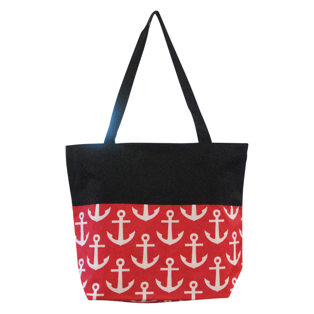 Anchor Print Tote Bag Embroidery Blanks - HOT PINK/BLACK TRIM - CLOSEOUT
