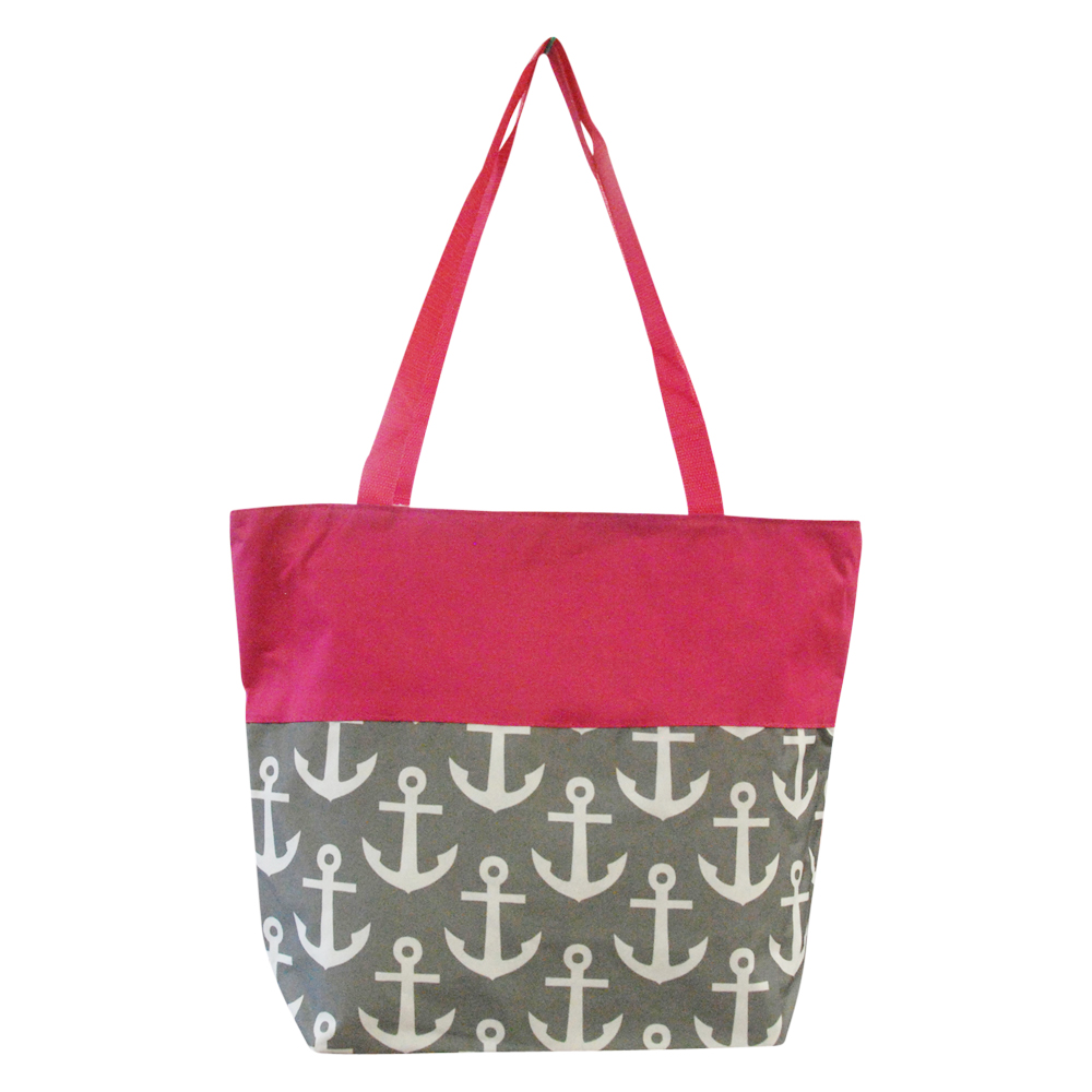 Anchor Print Tote Bag Embroidery Blanks - GRAY/HOT PINK TRIM